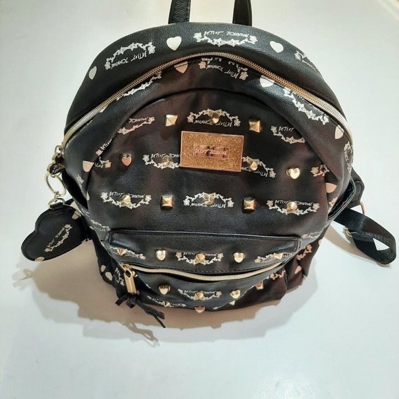 BETSEY JOHNSON Black White & Gold Large Heart Charm Backpack Roses Lining main image 5